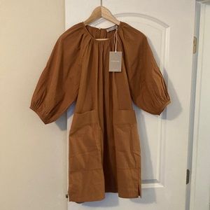 Everlane Seersucker Puff Sleeve Dress, XS, Tawny Brown